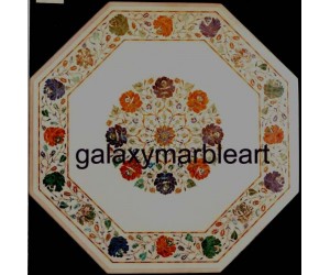 Gemstones studded white marble inlay table top 26" WP-2654